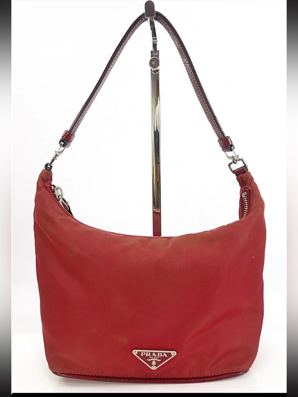 Prada Red Nylon Shoulder Hobo Bag with Triangular Logo Plaque